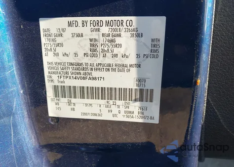 2008 Ford F-150 Fx4/Lariat/Xl/Xlt из США, поврежденный, VIN 1FTPX14V08FA98171